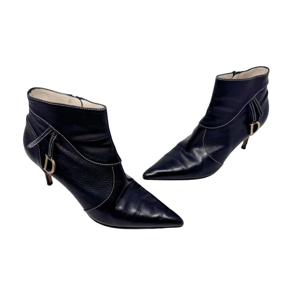 Christian Dior Saddle Charm Ankle Boots Black Leather Stiletto Booties 41
